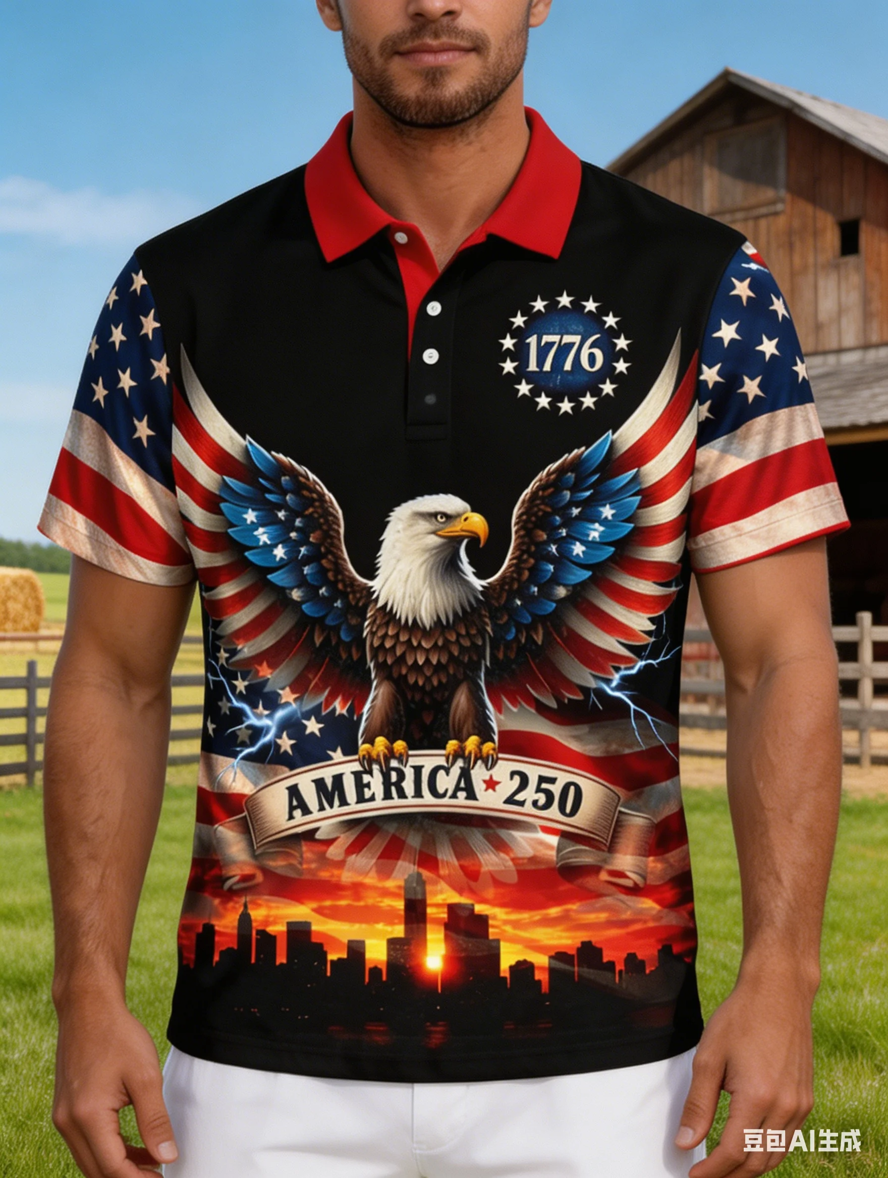 

Мужская рубашка-поло к 250-летию США с 3D-принтом орла и флагом США 1776 года, с изображением городского пейзажа, патриотическая, с коротким рукавом