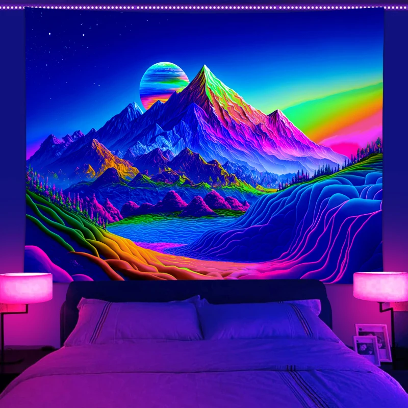 1pc UV reaktiven Wandteppich, Berg natürliche Landschaft Wandteppich, Neon Lichteffekt, Schlafzimmer ästhetische Dekoration Wandbehang
