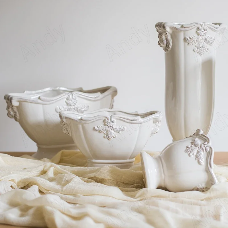 Vaso de Cerâmica Francês com Relevo Floral, Decorativo para Sala de Estar, Vasos de Flores Retrô para Sala de Jantar, Ornamentos de Mesa, Decoração para Casa