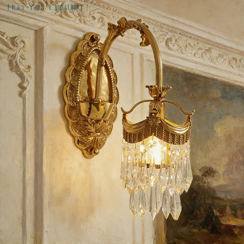 French Retro K9 Crystal Crown Wall Lamp Luxury Bedroom Bedside Living Room Classical American Style Light