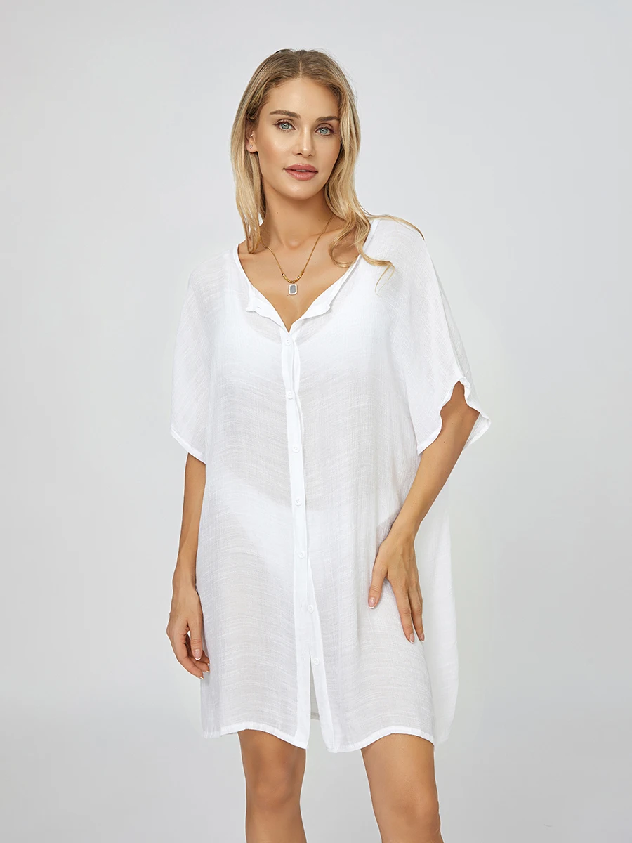 Women Summer Casual Bikini Dress Cover-Ups Solid Color Short Sleeve Button Down Shirt Dress Shirts Mini Beach Dress