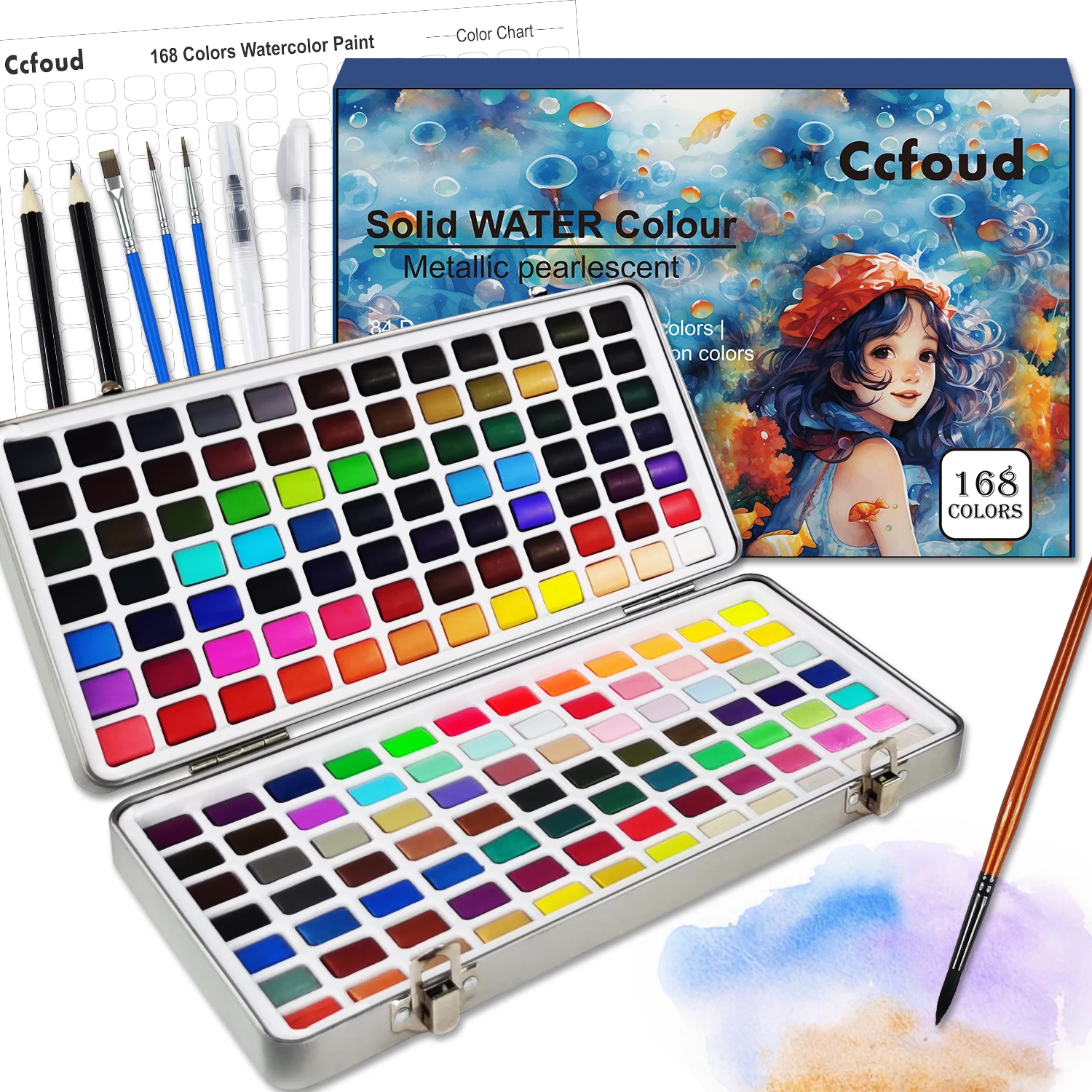 

1pc Watercolor Paint Set,168 Watercolor Pigments With Professional Palette And Brush,Travel Water colors Set for Adults