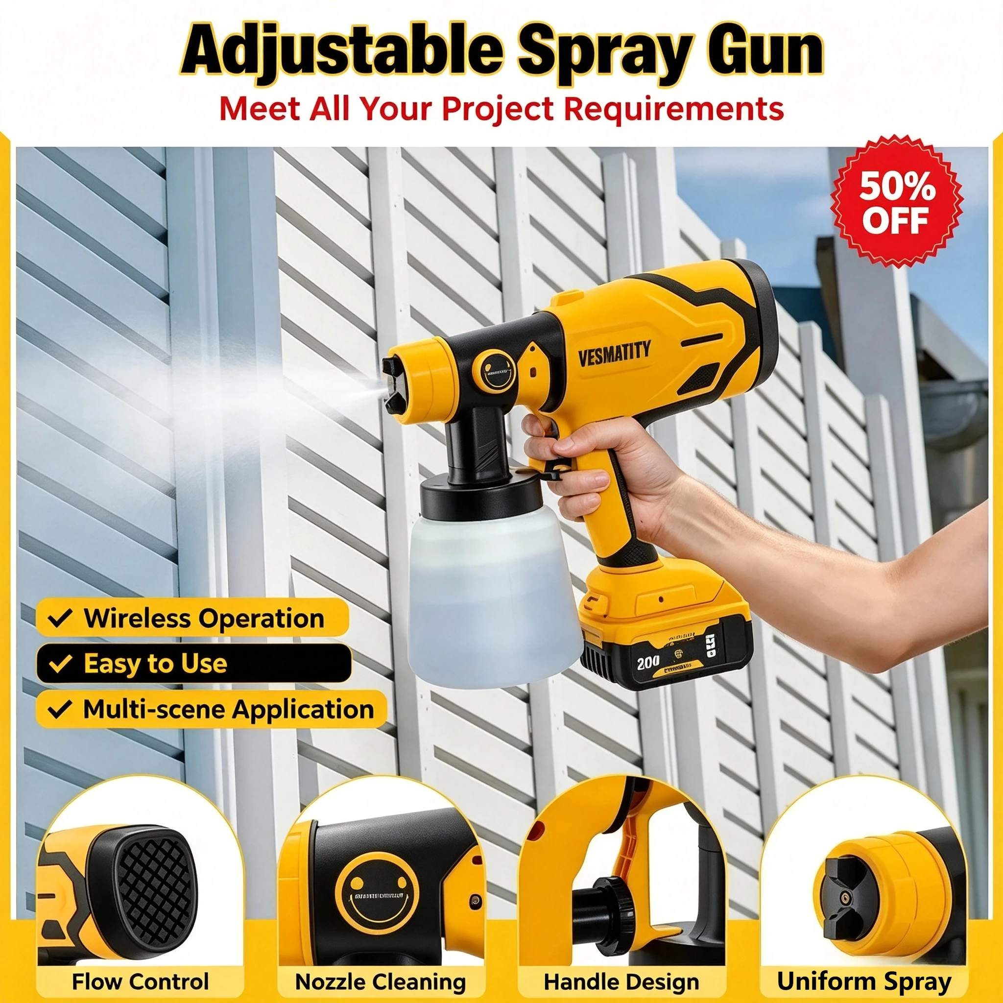 800ML Electric Spray Gun High Power Cordless Paint Sprayer HVLP Auto Furniture Steel Coating Airbrush  for Dewalt Battery Pin