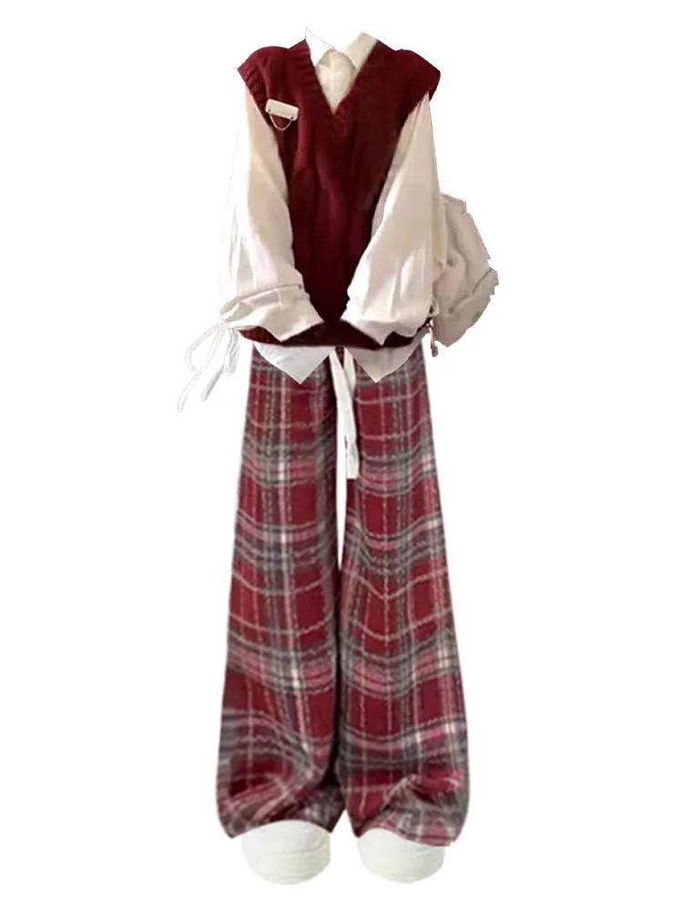 겨울 캐주얼 슬레 체크 와이드 레그 팬츠 티 세트 여성 패셔너블한 아우스페어 의류 대학 스타일 달콤 또는 세련된