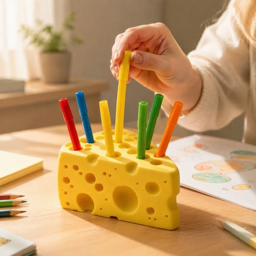 Funny 3D Printed Cheese Pen Holder Cute Multi-Hole Desktop Organizer Durable Yellow Stationery Stand Bathroom