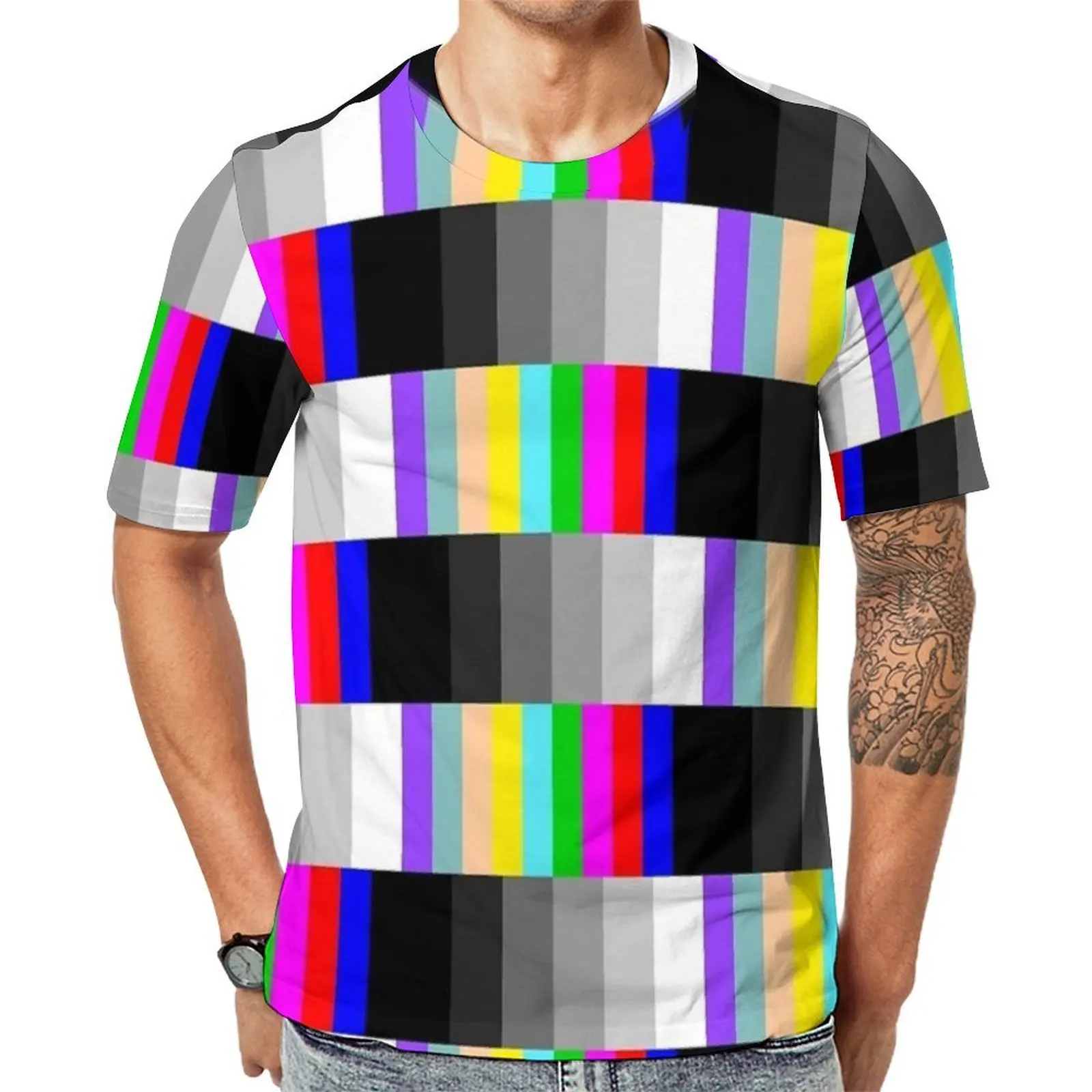 Summer T Shirt TV Color Bar Print T Shirts  Casual Hip Hop Tee Shirt For Male Short Sleeve Printed Oversized Clothes