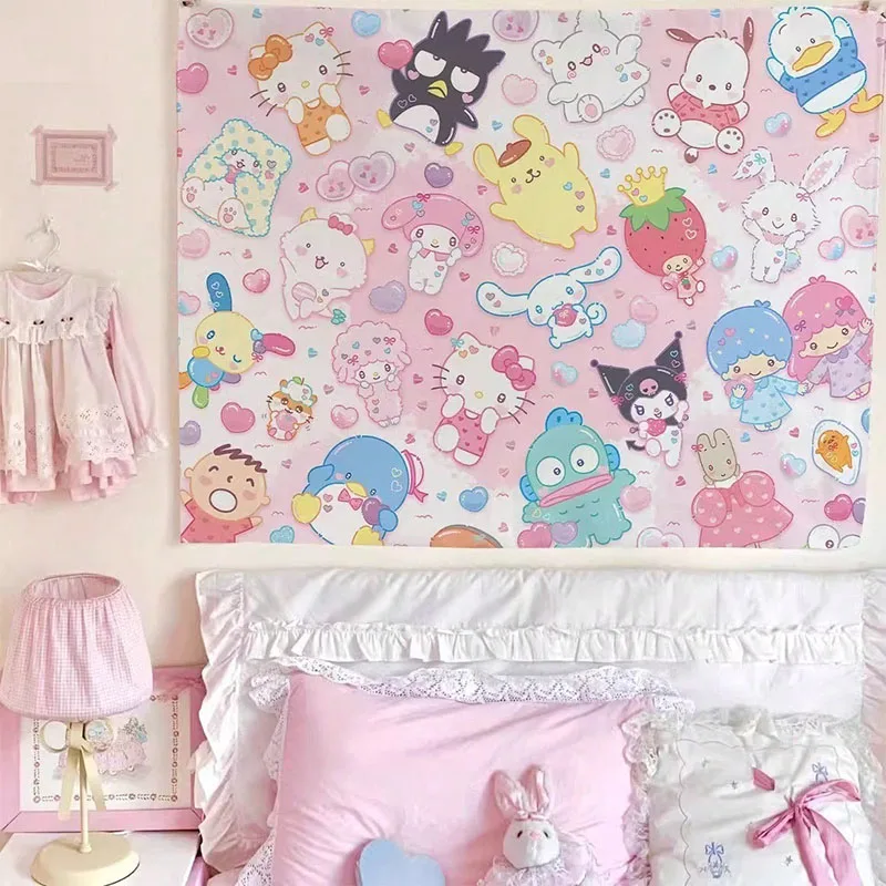 

MINISO Kawaii Kuromi Holley Kitty Cartoon Cute Printed Tapestry Bedroom Wall Decoration Dormitory Apartment,