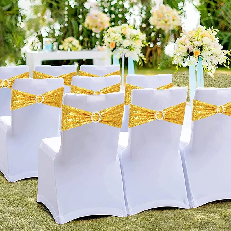 Gold Sequin Chair Sashes, Double Sided Glitter Stretchy Chair Bands with Buckle for Bridal Shower Party Wedding Banquet Decor