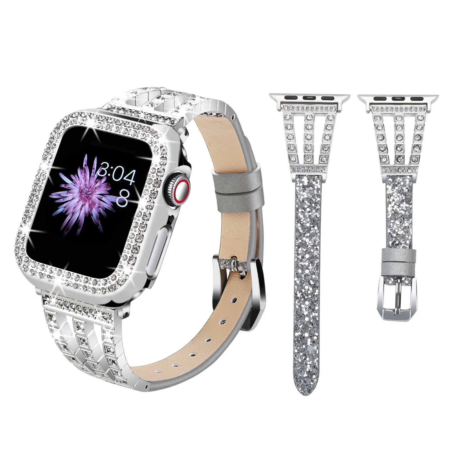 Diamond Metal+Leather Strap For Apple Watch 8 7 45mm 41mm Ultra 49mm Women Exquisite Band iWatch 6 5 4 3 SE 44mm 40mm Watch Case