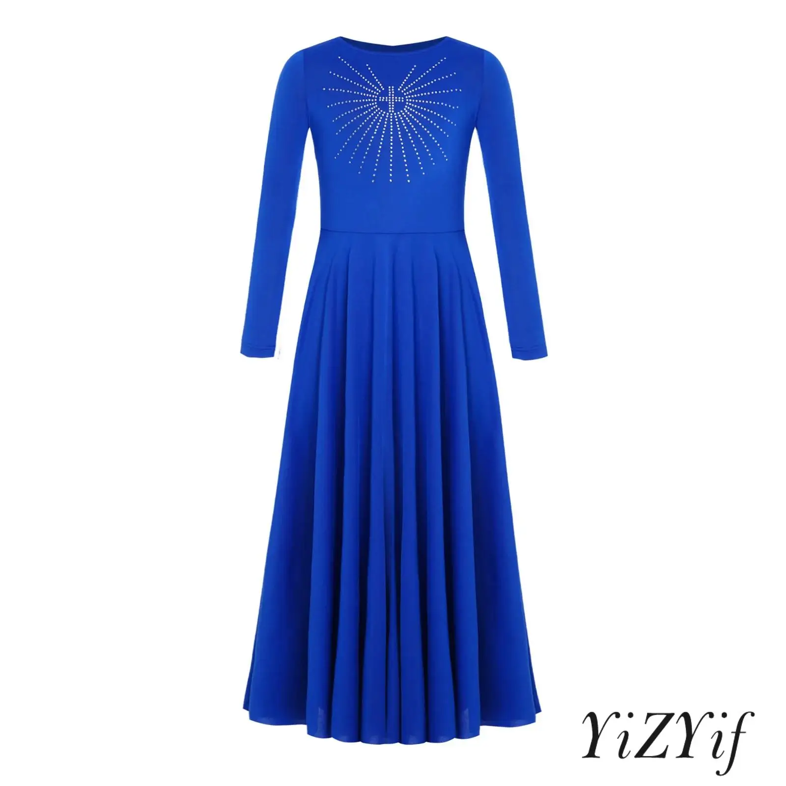 

Elegant Liturgical Dance Dress for Girls Sparkling Rhinestone Long Sleeves A Line Maxi Dress for Easter Christmas Church Events