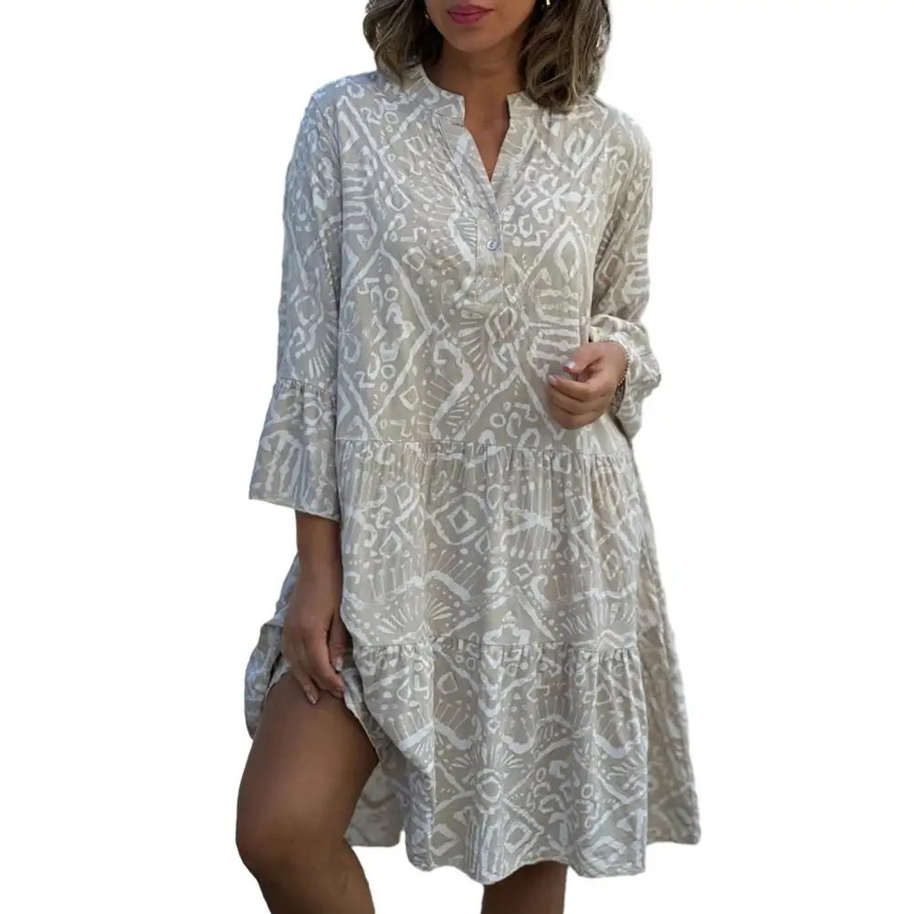 Women Dress Three Quarter Horn Sleeve Geometric Print A-line Patchwork Loose Hem V Neck Bohemian Midi Dress