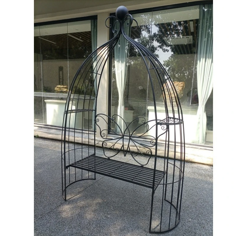 Wrought iron arched garden seat table and chair climbing vine flower stand