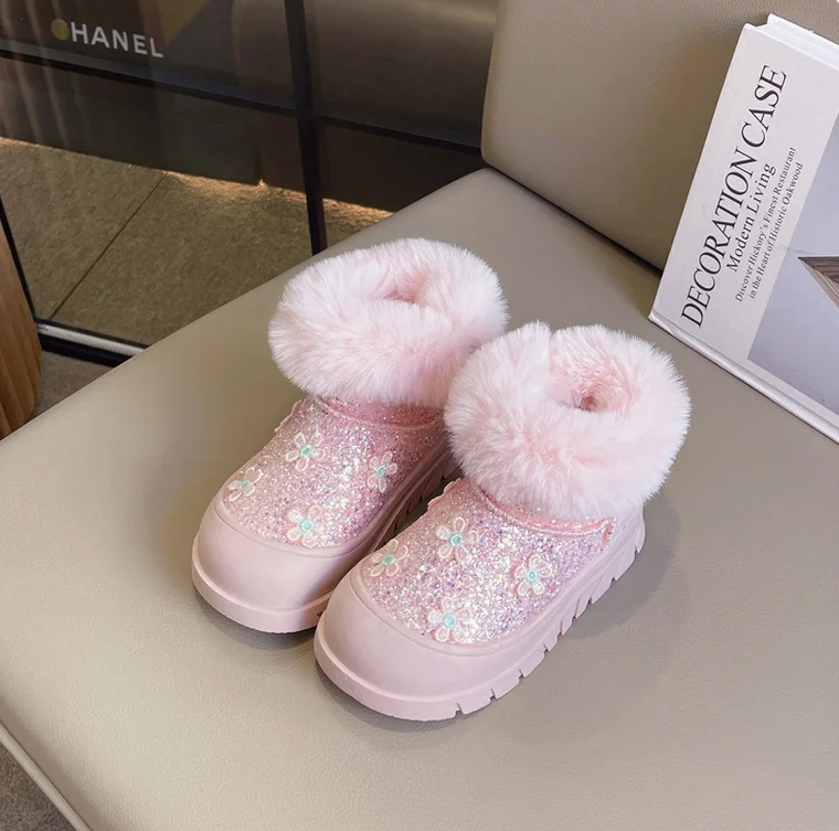 Children Snow Boots Thick Fleece Girls Cotton Shoes Fashion Shiny Warm Shoes New 2025 Winter Kids Ankle Boots Zapatos Niña