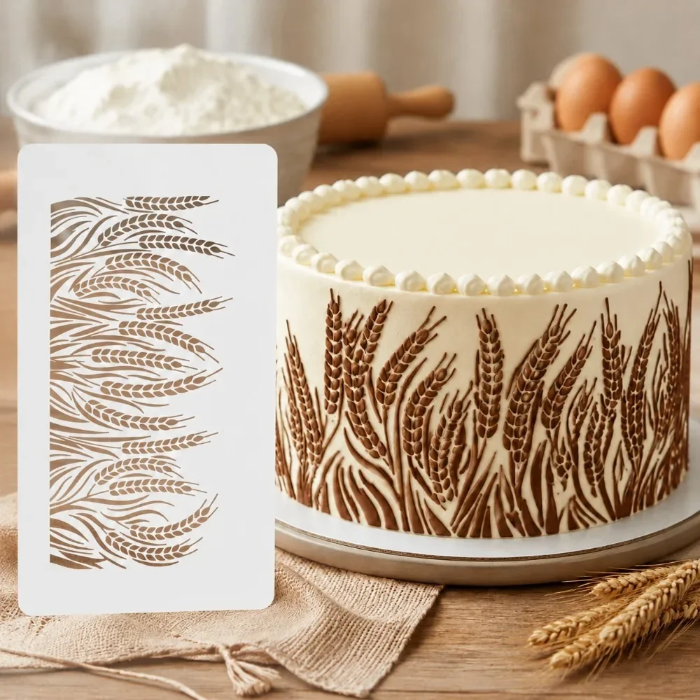 1Pcs Wheat Cake Stencil, Reusable Hollow Template for Cake Cookie Fondant Wedding Birthday Decor Food‑Grade PET Mold