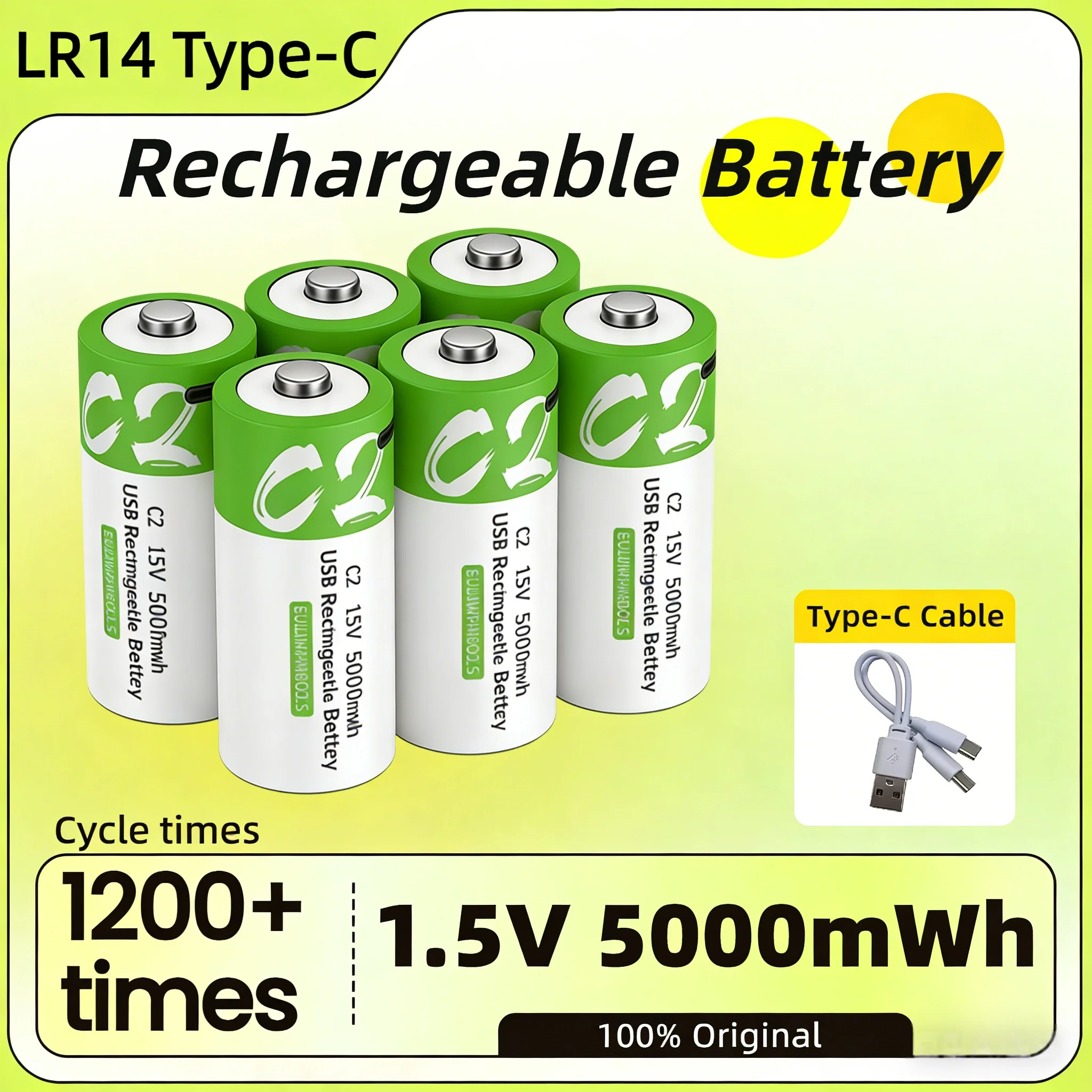 C Size 1.5V 5000mWh LR14 Rechargeable Battery Type-C Ultra-Fast Charging for Flashlight Gas Cooker Electronic Piano Radios
