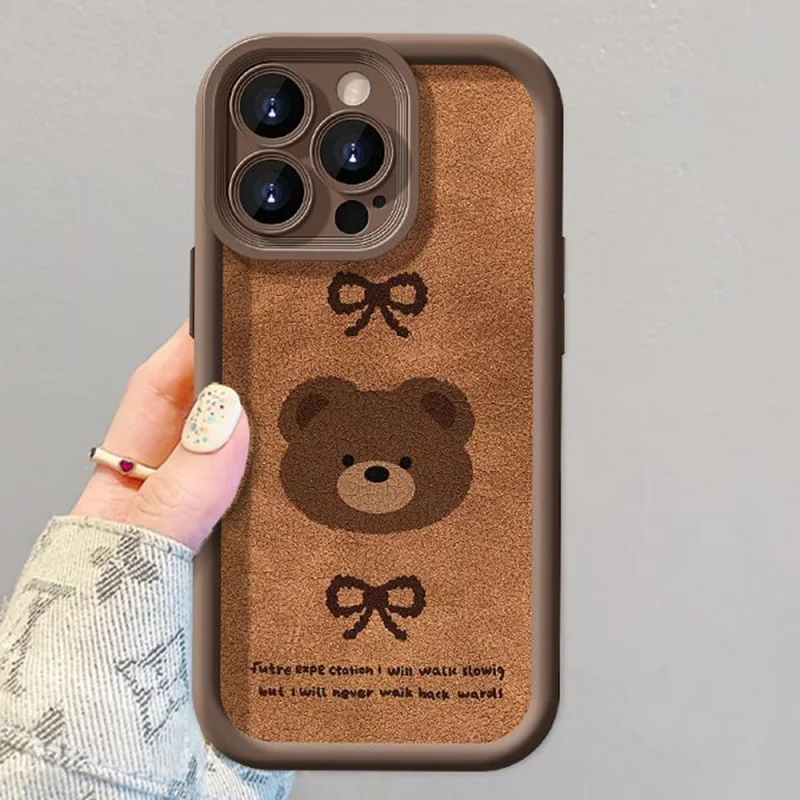 Korean Cute 3D Plush Bear Bow Pendant Leather Phone Case For iPhone 16 15 14 13 12 11 Pro Max Plus Shockproof Lens Protect Cover