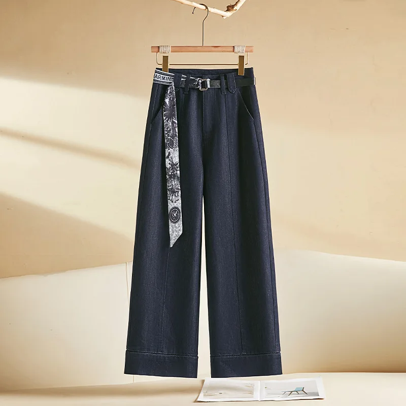 

Женские прямые джинсовые брюки с девятью точками, осенние узкие широкие брюки, универсальные темно-синие свободные утягивающие брюки