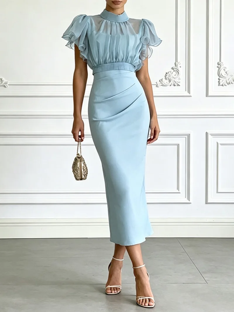Elegantes 2-teiliges Damen-Party-Midikleid, transparentes Chiffon-Oberteil mit Rüschenärmeln, geraffter Satinrock mit Rückenschlitz, formelles Kleid für Hochzeitsgäste – Detail 7