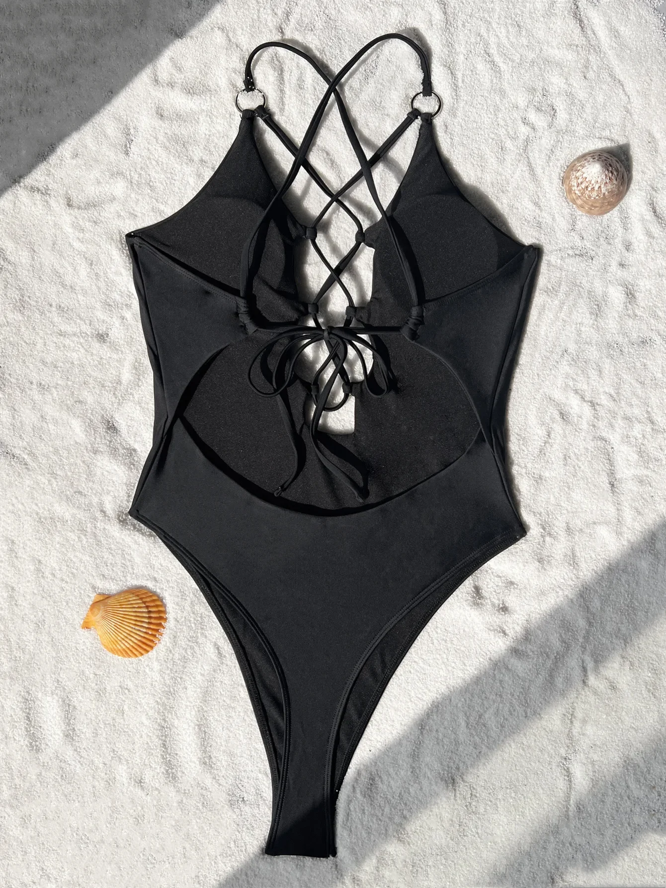Costume da bagno intero da donna in tinta unita bikini Sexy scava fuori cinturino incrociato senza schienale nero monokini costumi da bagno per vacanze al mare 2025