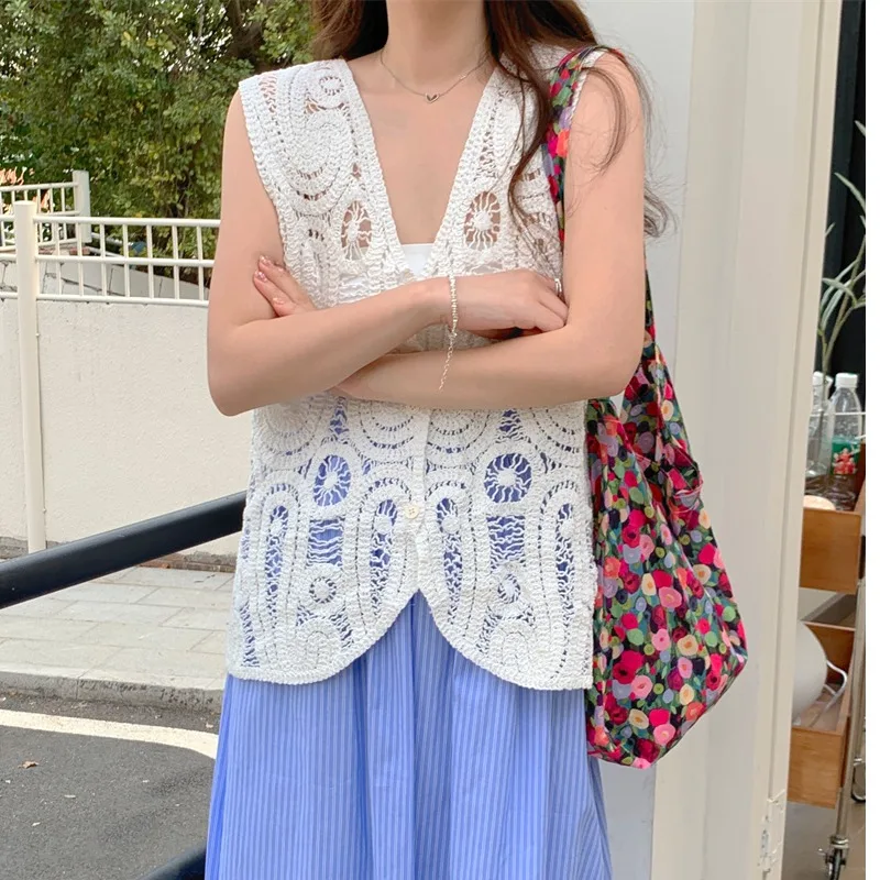 レディース ホローアウト イレギュラー ベスト 韓国風 スリム ショルダーフック フラワー アウル トップス アウター 夏 ファッション