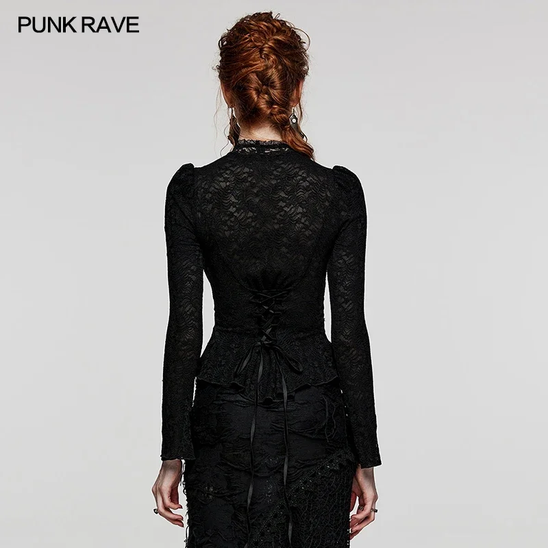 PUNK RAVE Women\'s Gothic Elastic Lace Mesh Delicate Standing Collar Rose Shirt Sexy Casual Black Tees Tops Women Clothing