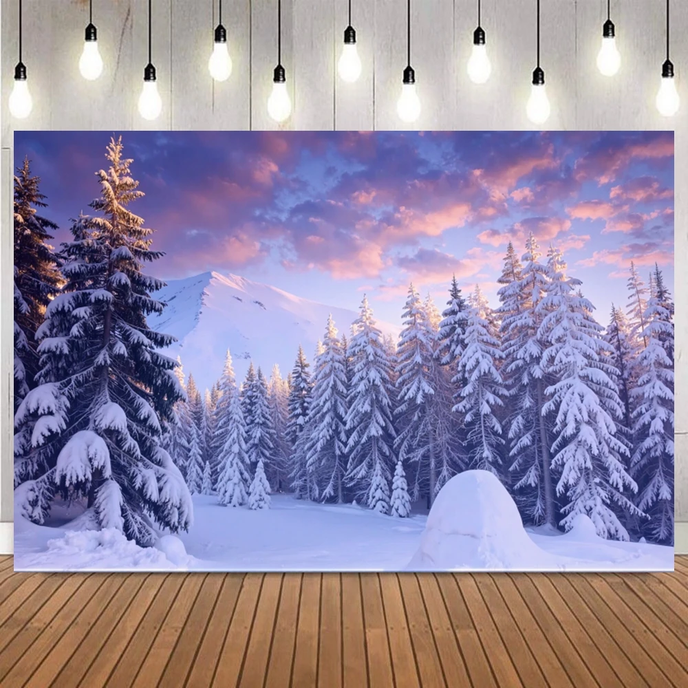 Winter Sunrise Sunset Photography Backdrop Golden Pink Sky Frozen Lake Snow Forest Nature Scene Home Decor Background Banner