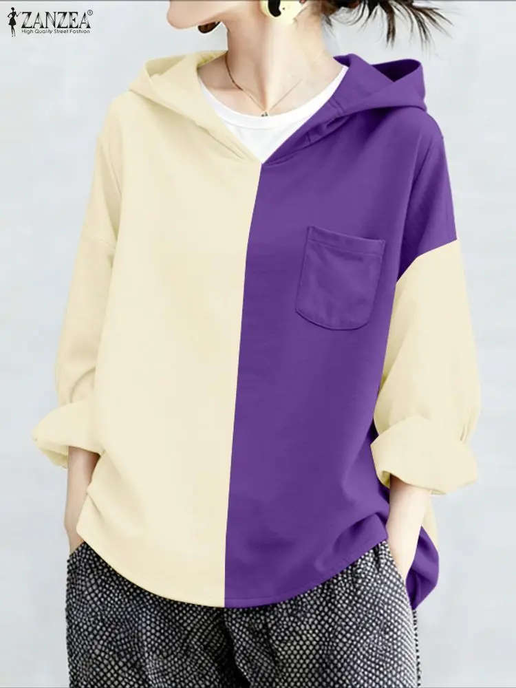 

Fashion Women Hooded Blouse ZANZEA Autumn Long Sleeve Tops Casual Pullovers Spring Patchwork Shirt Contrast Color Blouses Street