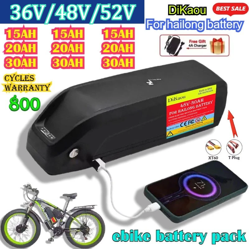 

For Hailong Battery 48V 52V 36V 30AH Ebike Batería Hailong Max 40A 50A BMS 500W 750W 1000W 1500W Scooter Eléctrico 18650 Celda