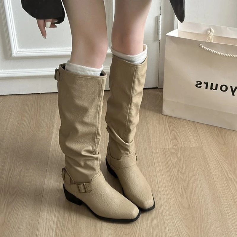 امرأة أحذية الركبة عالية حذاء بكعب سميك أحذية الشتاء الاتجاه الشرير القوطية جديد جلد موضة أحذية نسائية 2025 ماركة دراجة نارية بوتاس #2