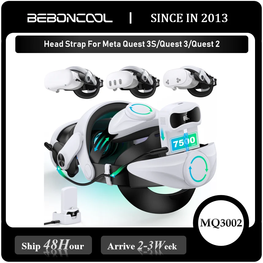 

BEBONCOOL MQ3000 Battery Head Strap For Meta Quest 3S/Quest 3/Quest 2 Head Strap Battery Pack Compatible for Oculus Head Strap