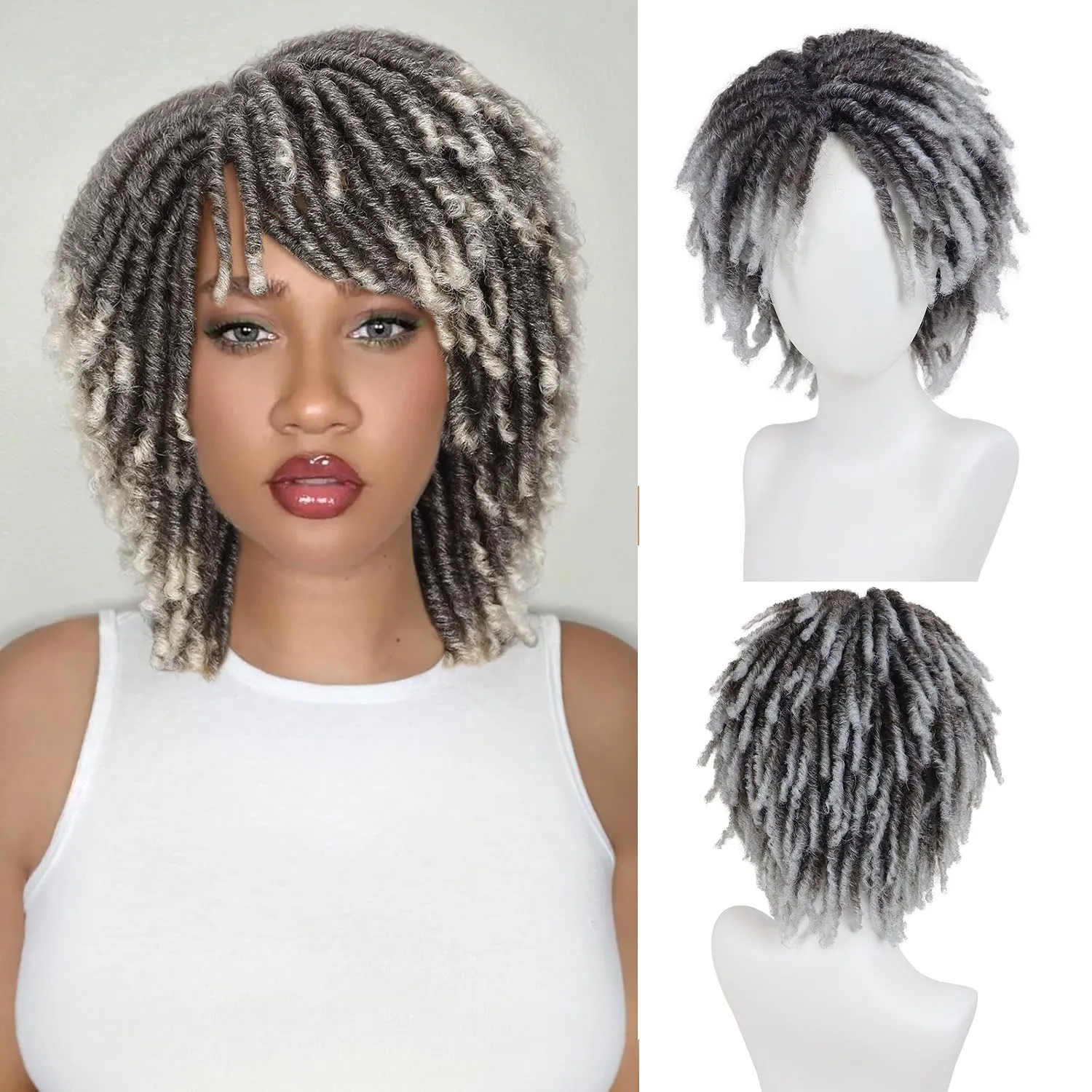 Perruque Dreadlock grise ombrée, perruques courtes torsadées pour hommes, faux dreads pour femmes, perruques synthétiques Afro bouclées ombrées tressées, perruque amusante
