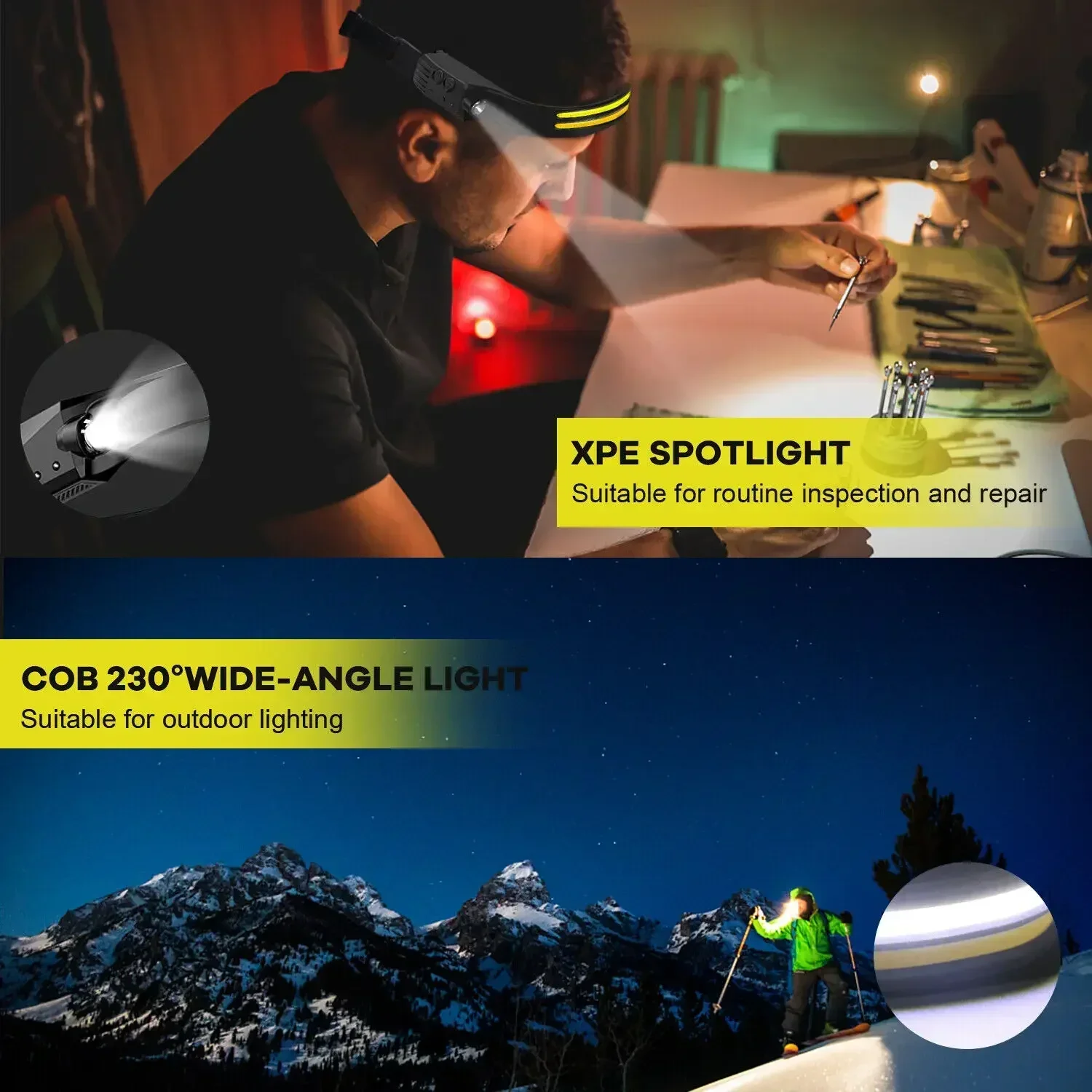 USB Rechargeable LED Sensor Headlamp XPE+COB Headlight Head Torch Work Light Waterproof Headlamp for Fishing Camping Lantern