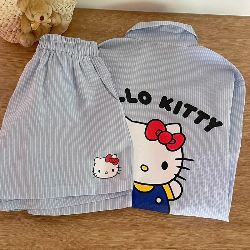 Sanrio Hello Kittys Summer Pajamas Cute Cartoon Printed stripe Loose Retro Casual Home Shorts Beach Kawaii Y2k Anime Suit Gifts