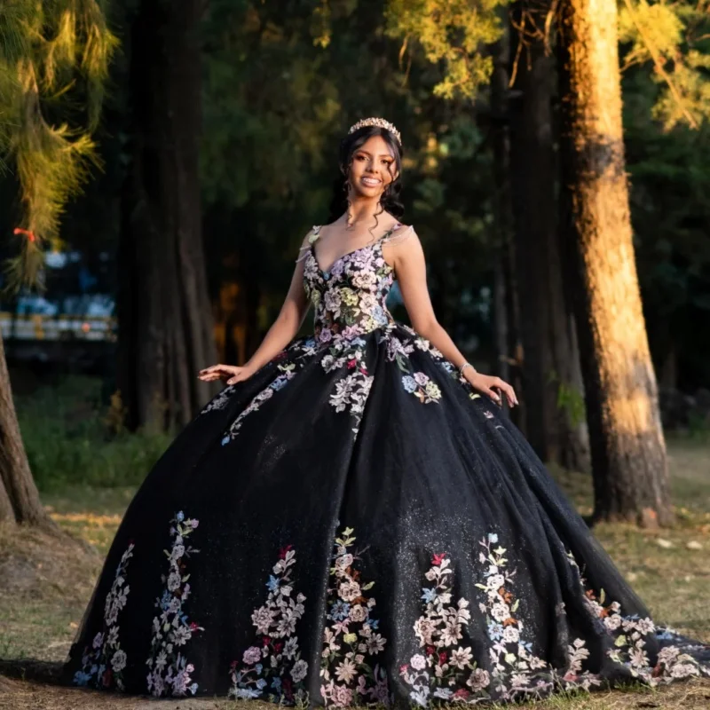 

Shiny black Quinceanera Dress glitter off-shoulder Flower Decal Long tail Lace Vestidos De 15 Quinceanera ﻿Customize