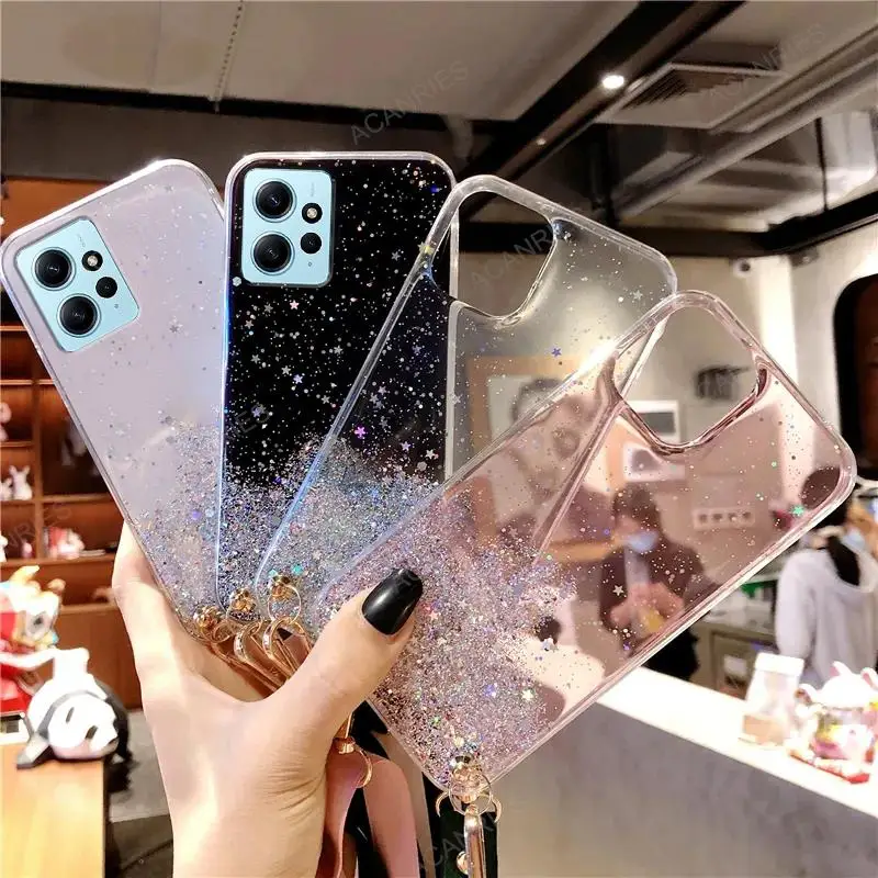 Note12 Note11 Crossbody Lanyard Glitter Clear Case dla Xiaomi Redmi Note 12 11 Pro Plus 4g 5g 12s 11s Cord Silicone Cover 12pro