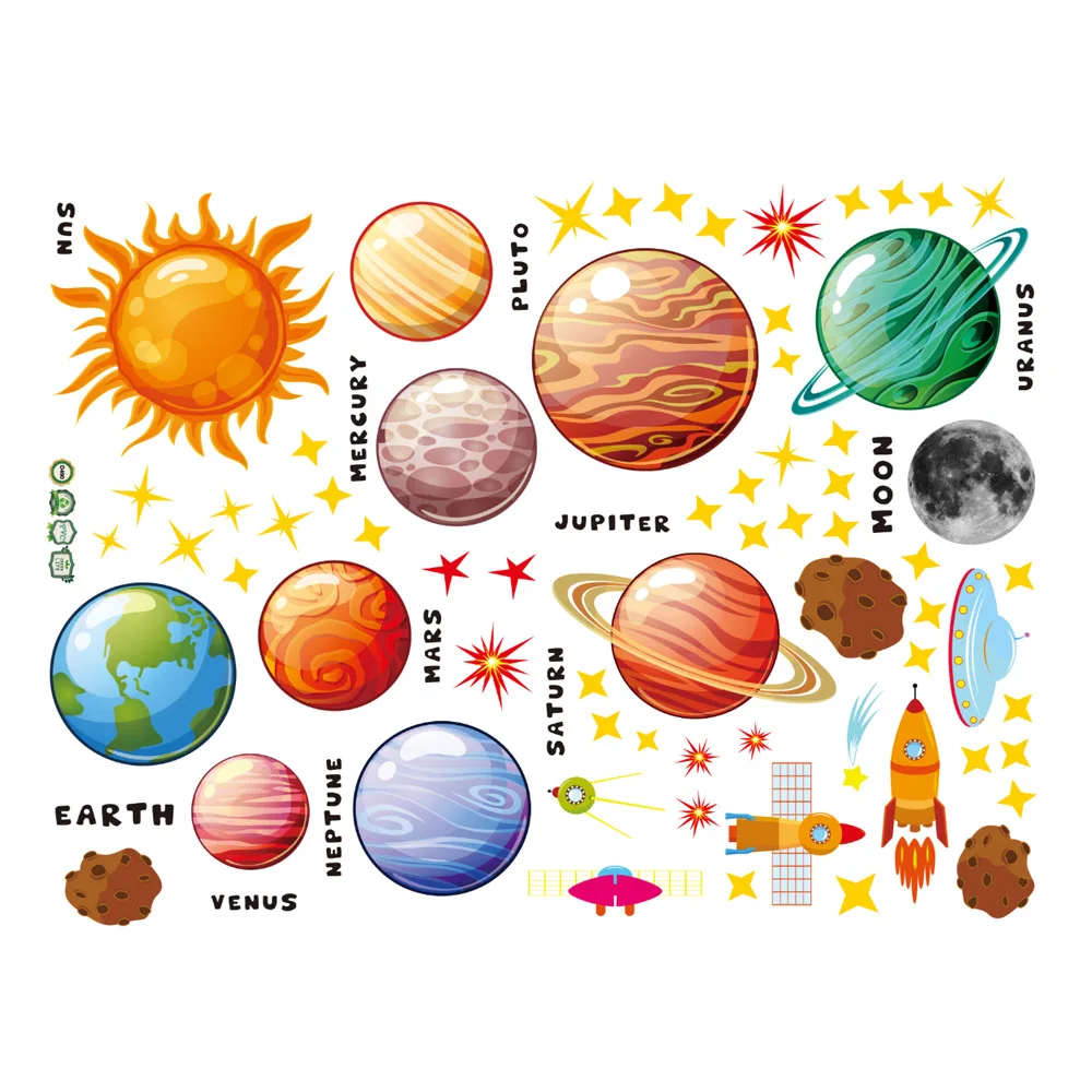 Solar System Kids Wall Stickers, Astronaut Stars Wall Decals, Decor for Baby Boy Girl Room Bedroom Living Room Classroom