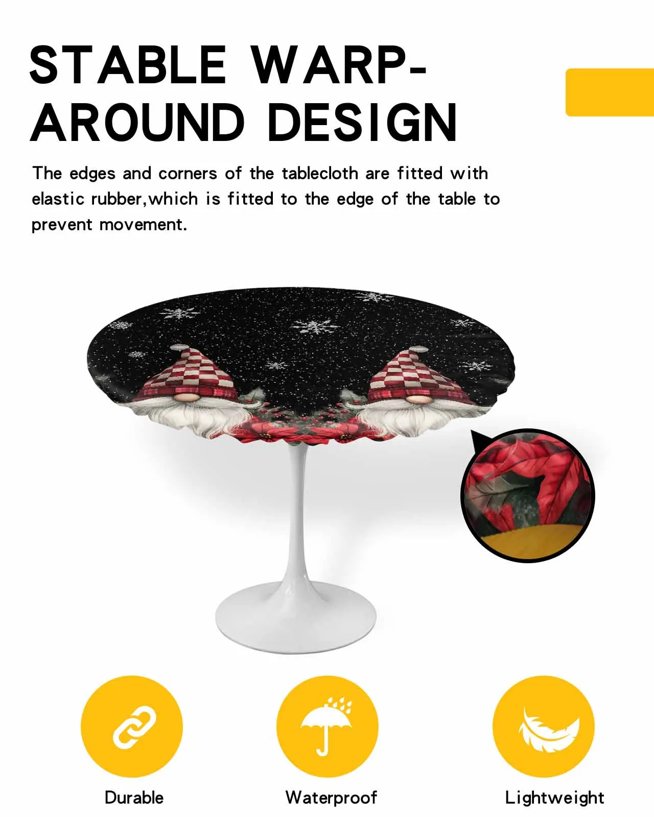 Goblin Snowflake Black Background Round Elastic Edged Table Cover Protector Cloth Waterproof Rectangle Fitted Tablecloth