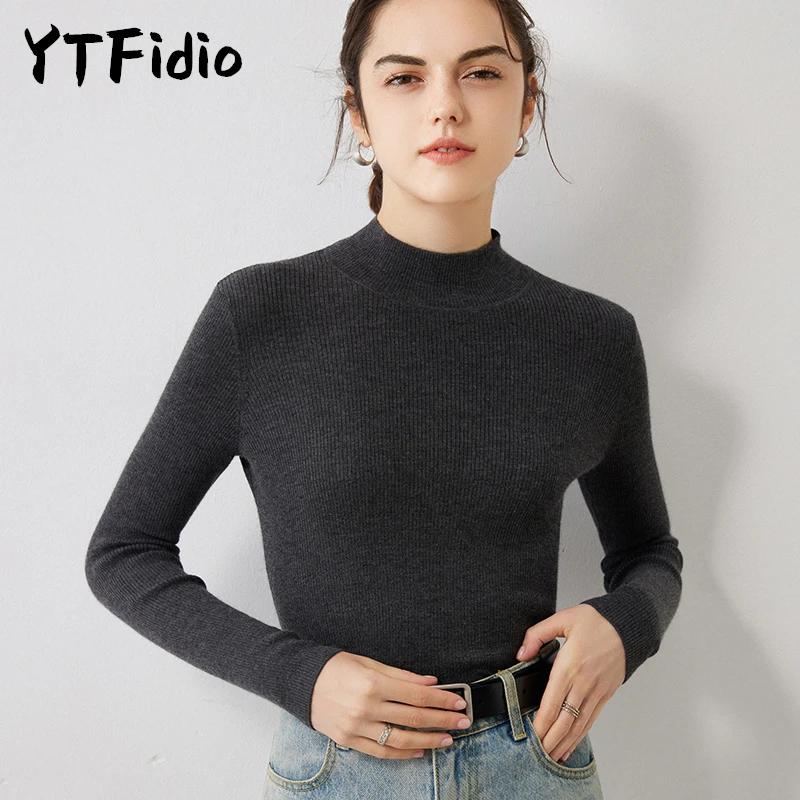 YTFidio 100% Cashmere Women Striped Half High Neck Pullover Mock Neck Slim Solid Soft Warm Elastic Pullover 54