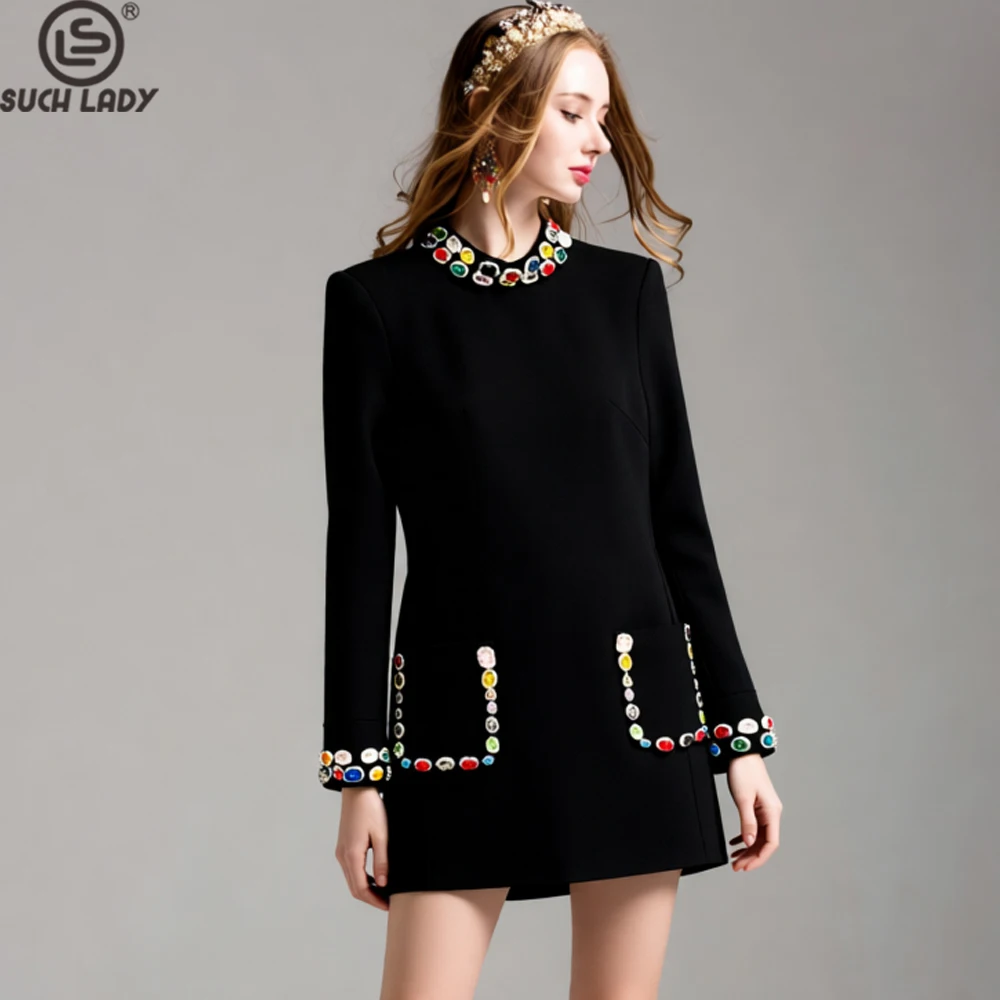 Elegant Black Long-Sleeve Dress with Colorful Crystal Embellishments on Collar, Pockets, and Cuffs Perfect Prom