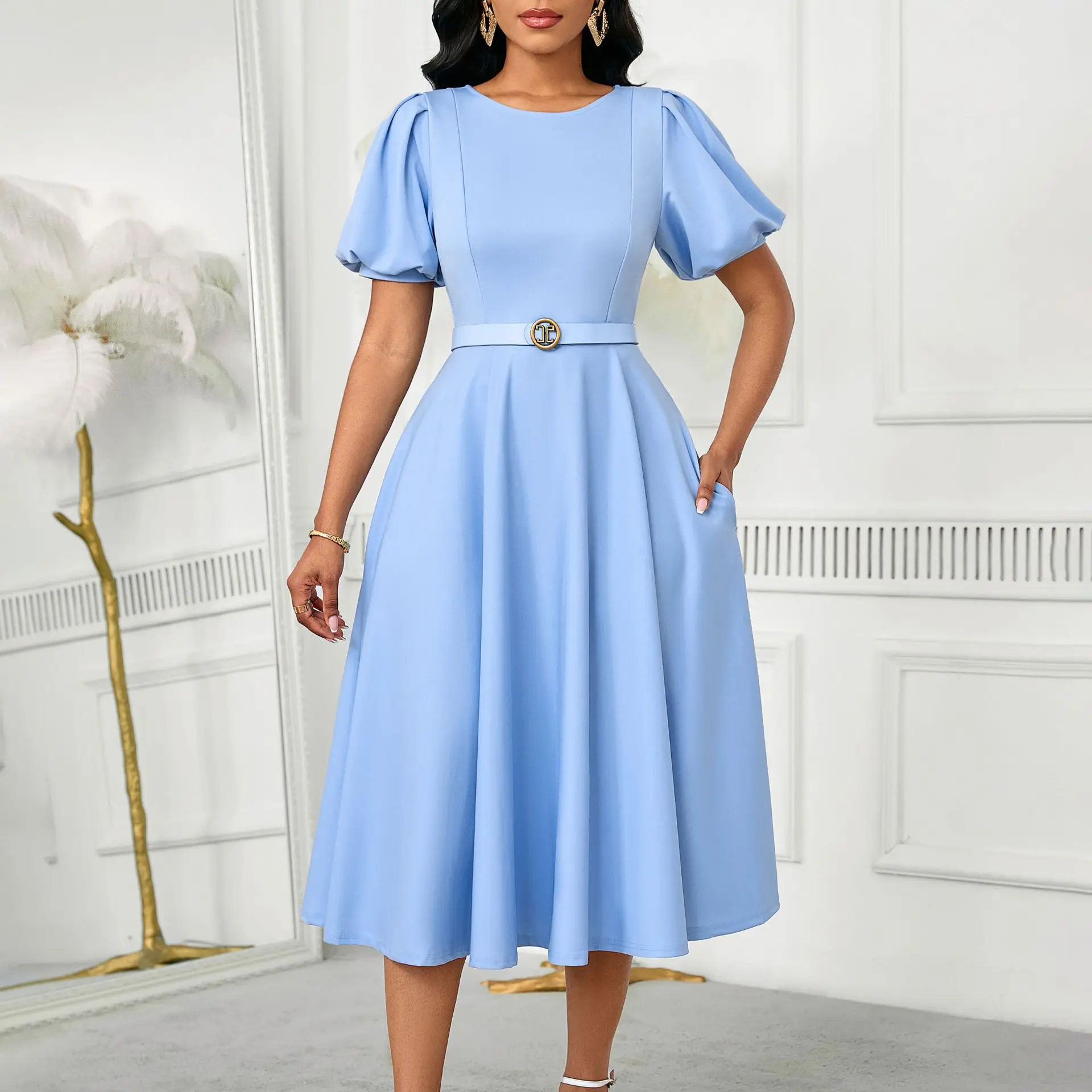

Women's Summer Fashion Bubble Sleeves Elegant High Waist Solid Color Crew Neck Large Skirt African Dress