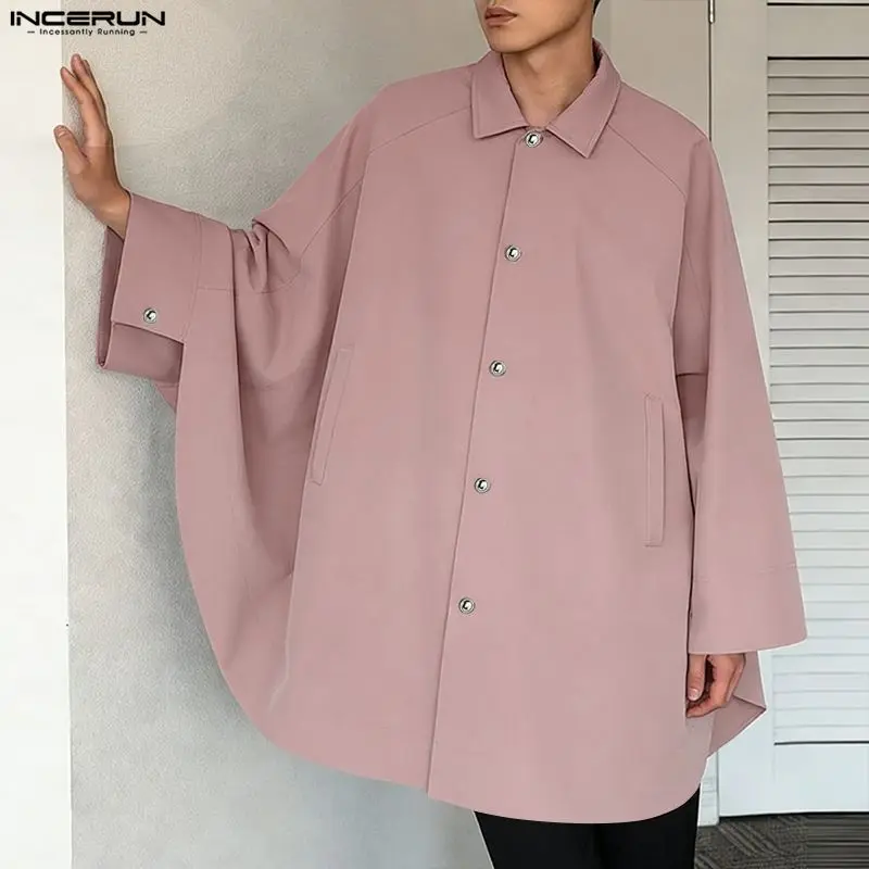 INCERUN Men Shirt Cloak Solid Color Lapel Long Sleeve Button Men Ponchos Streetwear 2026 Fashion Casual Long Style Shirts Men