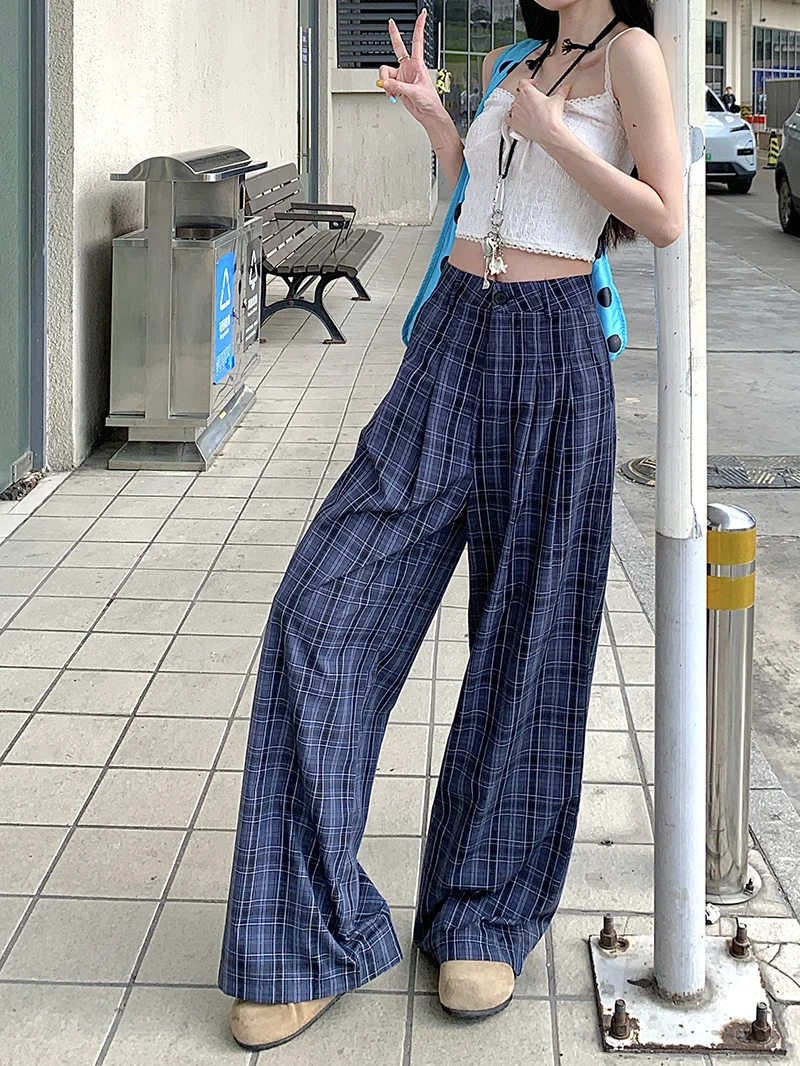 อเมริกันวินเทจลายลายสก๊อตกางเกงขากว้างผู้หญิงสีน้ำเงินเข้มตารางกางเกงทรงหลวมสุภาพสตรีเกาหลีเอวสบายๆกางเกงตรง