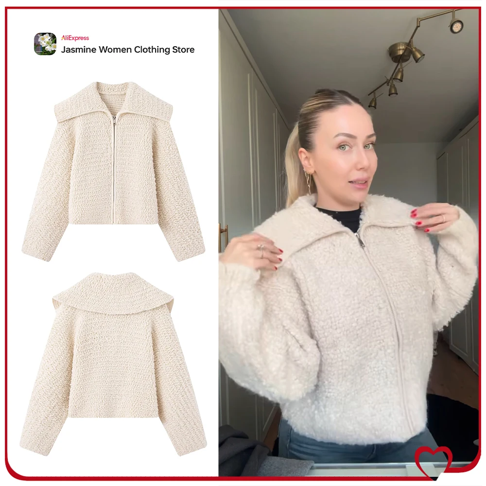 

Elegant Chic Boucle Knit Jackets for Women New in Autumn & Winter Comfy Lapel Collar Zipper Knit Cardigan Stylish Warm Knitwears