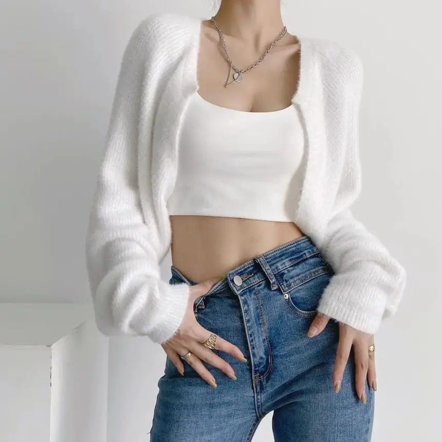 Fuzzy Bolero Shrug for Women Mohair Knit Long Sleeve Open Front Plain Cropped Cardigan Sweater Teen-girl Y2K 90s Outfit