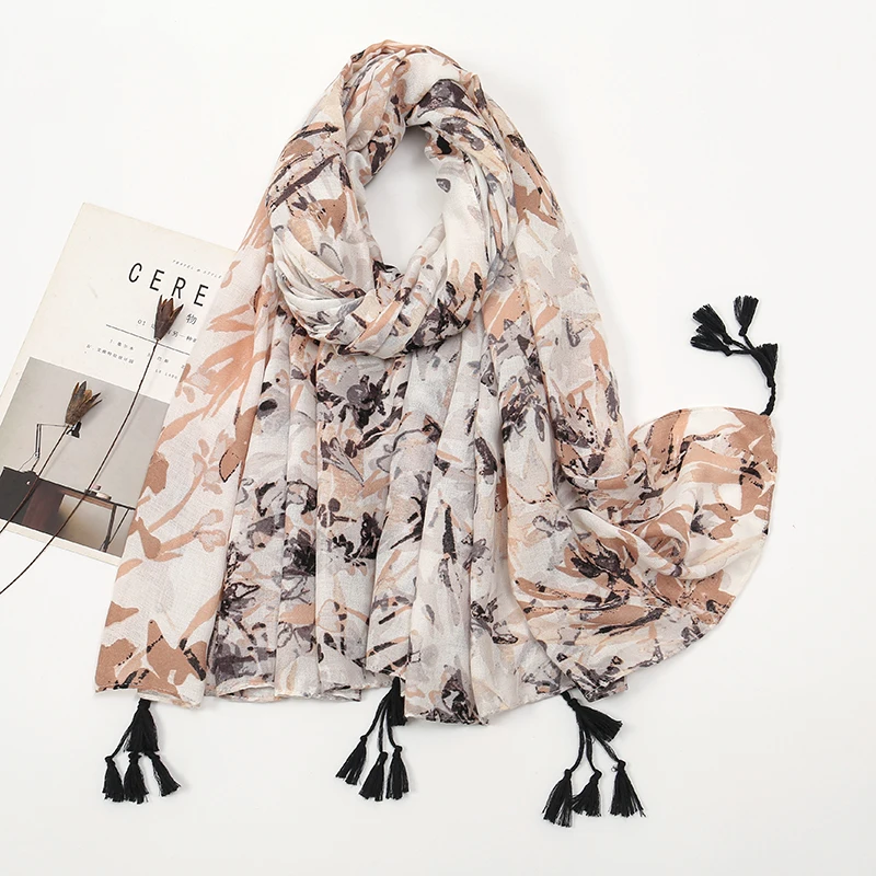 Luxury Brand Cotton Scarf Women Large Shawls Design Hijab Echarpe Print Tassel Scarves Lady Beach Stole Muffler Foulard Pareo