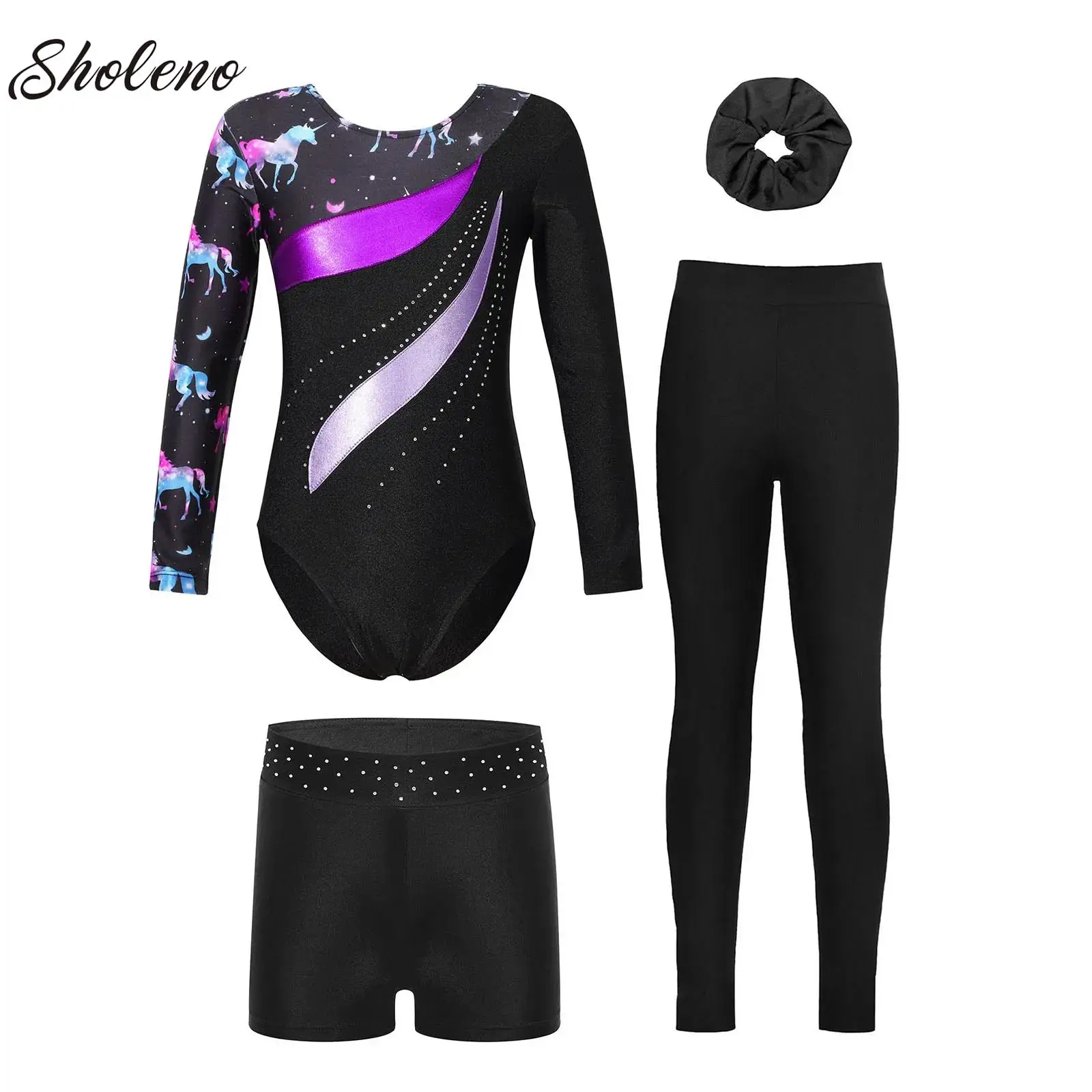 

Girls Dance Leotards with Tumbling Shorts Leggings Headwear Set Gymnastics Tracksuit Figure Skating Outfit Kids Activewear Suit