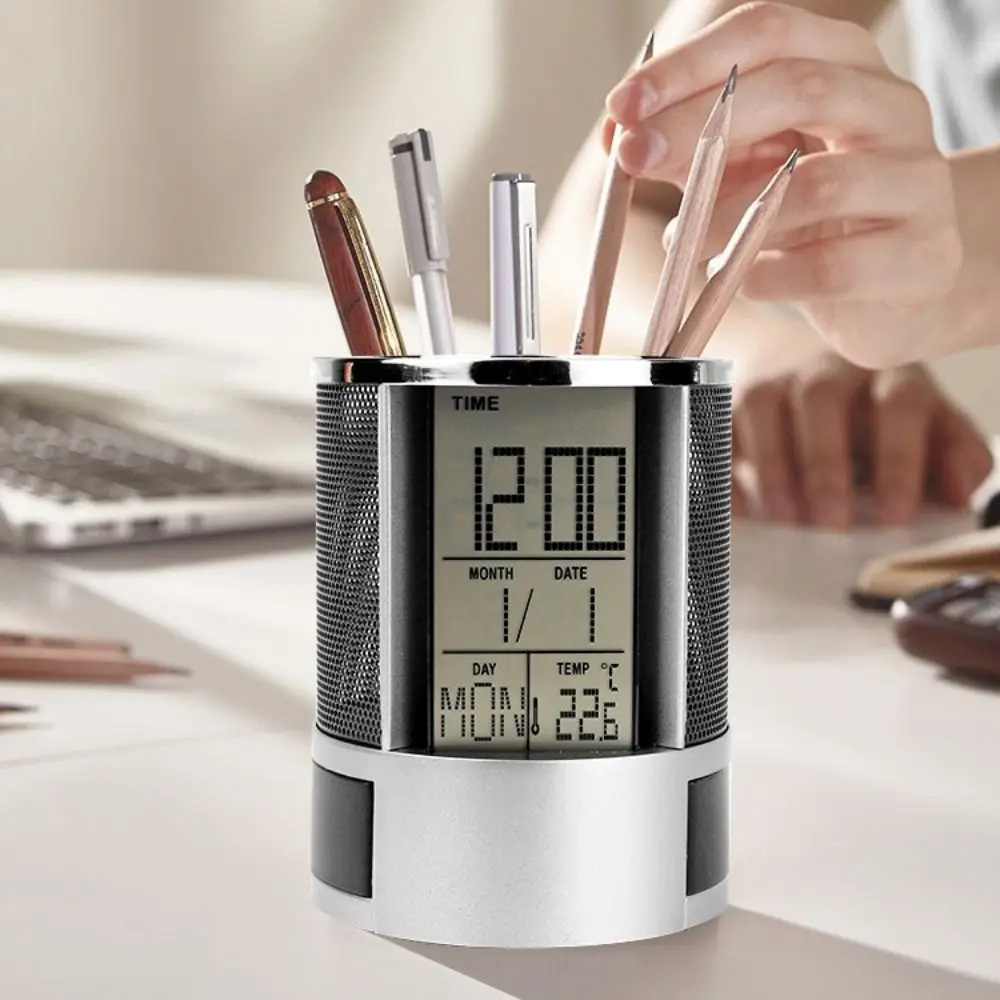 Digital LCD Clock Pen Holder Time Display Temp Electronic Pencil Organizer Wire Mesh 2 Drawers Perpetual Calendar Pencil Cup