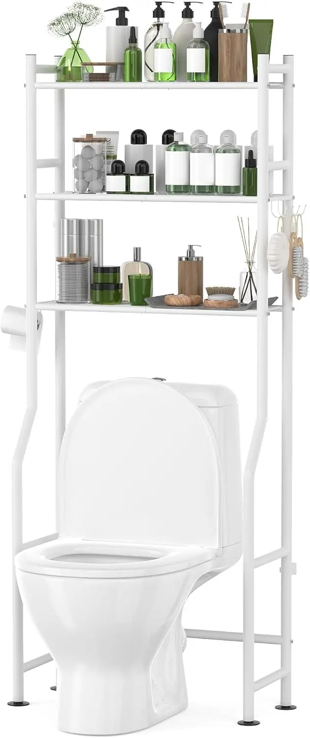 

3-Tier Over The Toilet Storage with Paper Holder, Metal Bathroom Organizer for Small Spaces, Freestanding Shelves with Hooks