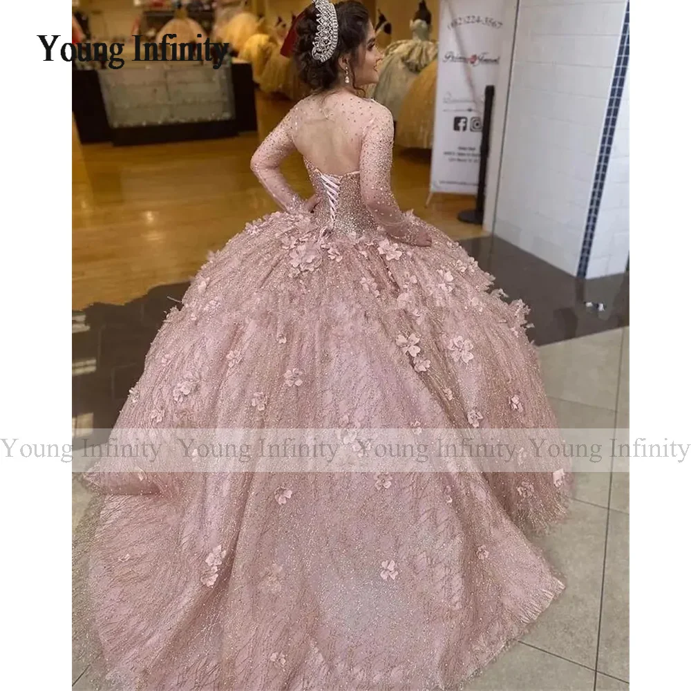 Robes de Quinceanera roses blush pour femmes, robe de Rhflorale, manches longues, paillettes kly, perles, robes éducatives, Rotterdam, 15 ans, Sweet 16, 2024