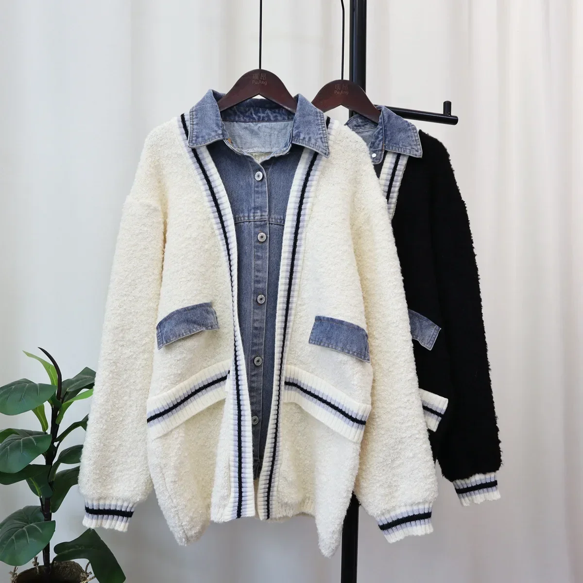 

Sweater Coat Fake Two Pieces Women Denim Patchwork Cardigan Single Breasted Turn Down Collar Pockets Casual Knitting Jacket
